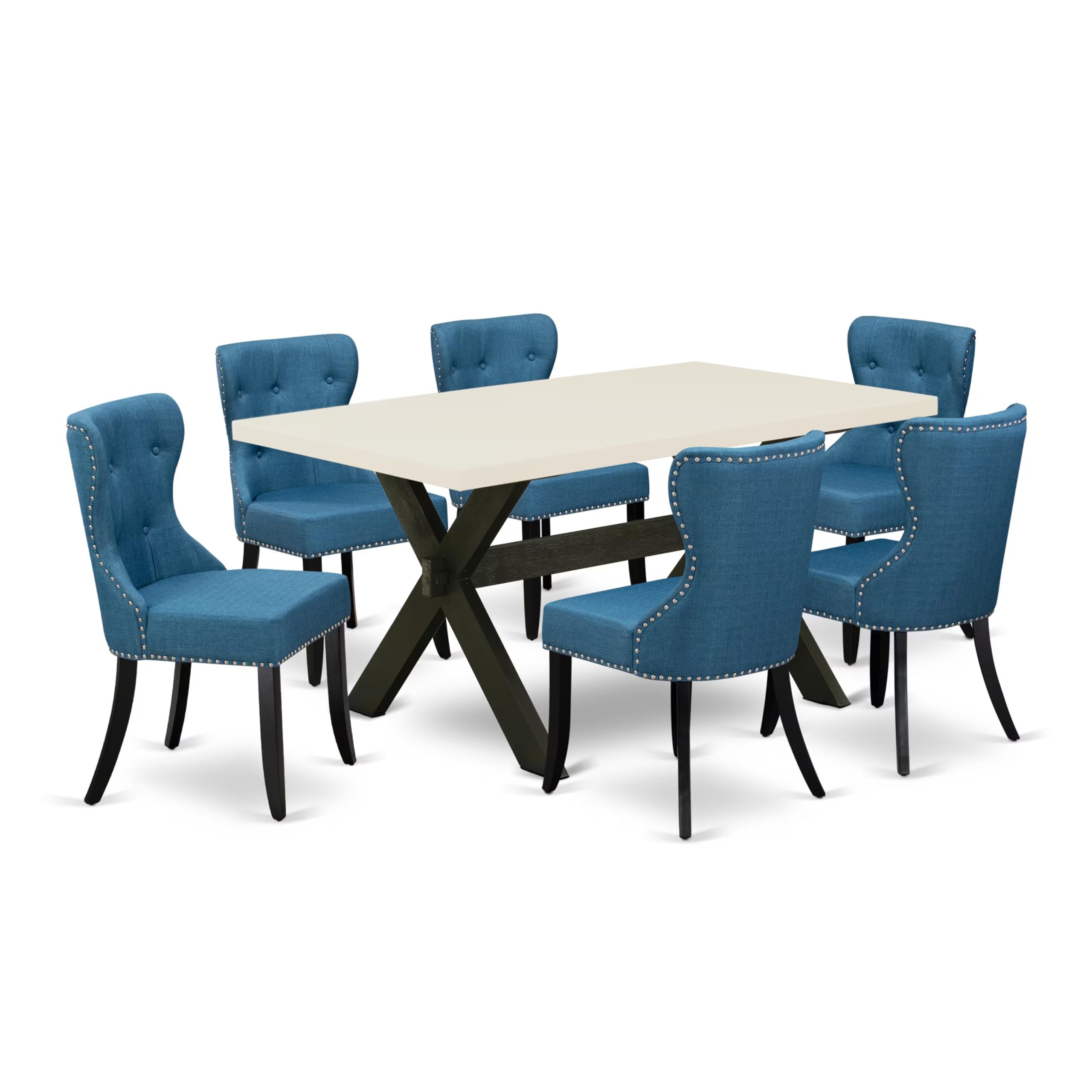 East West Furniture X626Si121-7 7 Piece Kitchen Table & Chairs Set Consist Of A Rectangle Dining Room Table With X-Legs And 6 Blue Linen Fabric Upholstered Chairs, 36X60 Inch, Multi-Color